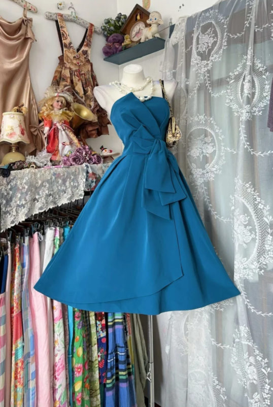 Chic Blue Short Prom Dress Chiffon A-Line Birthday Dress Strapless Hoco Dress ED09211