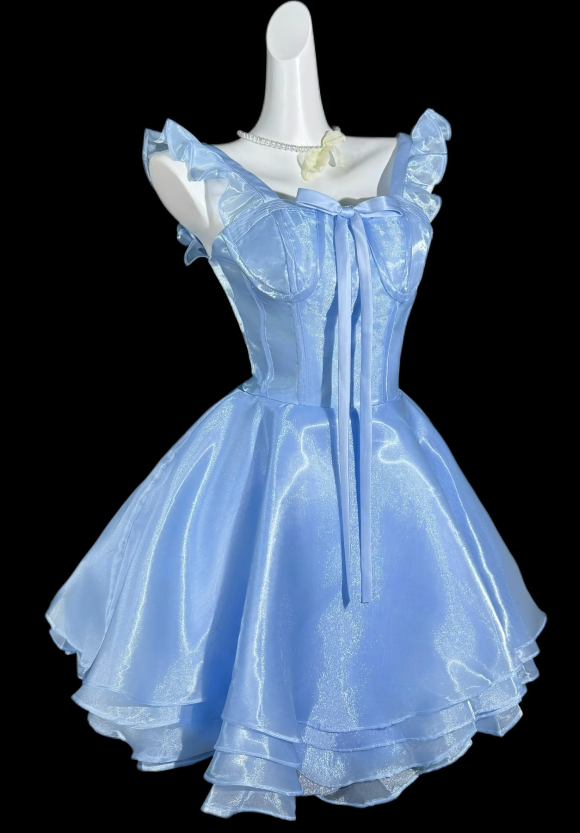 Chic Blue Short Prom Dress Tulle A-Line Birthday Dress Straps Hoco Dress ED09212