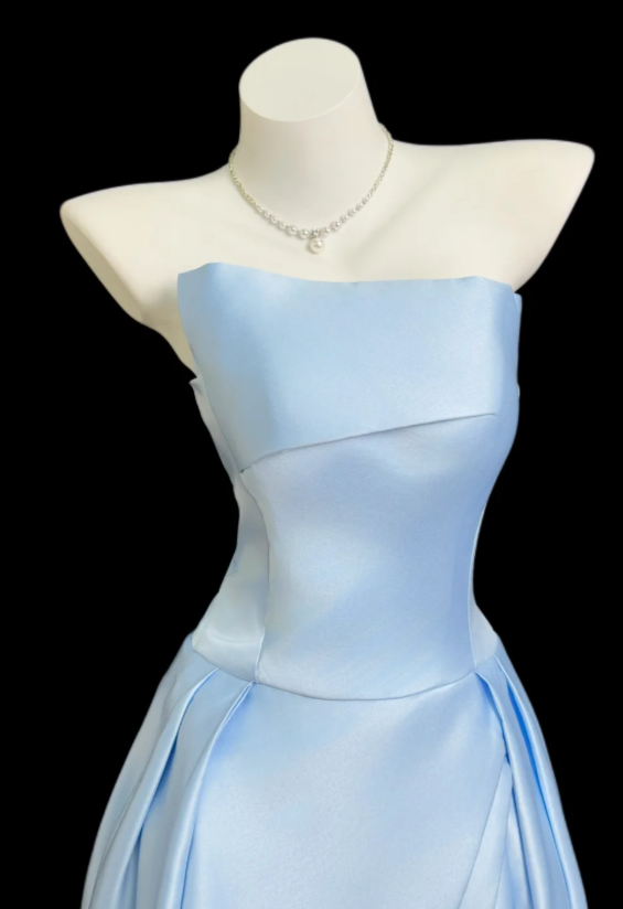 Robe de bal bleu chic en satin, ligne A, robe de soirée bustier longue ED09218