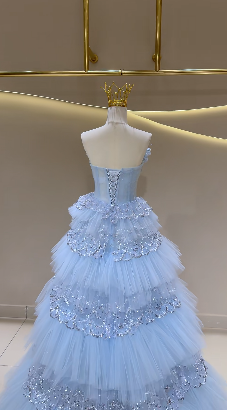 Fairy Blue Prom Dress Strapless A-Line Long Evening Dress Tulle Dress for Party Dress ED09221