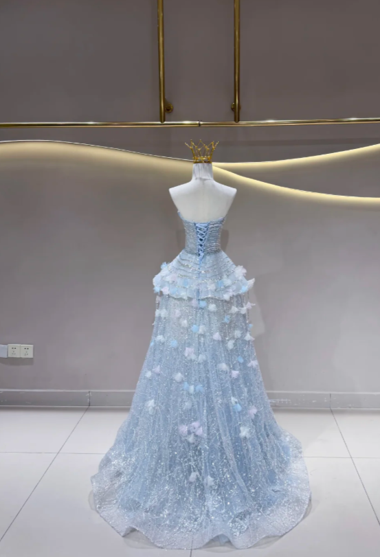 Fairy Blue Prom Dress Off-shoulder A-Line Long Evening Dress Tulle Dress for Party Dress ED09222