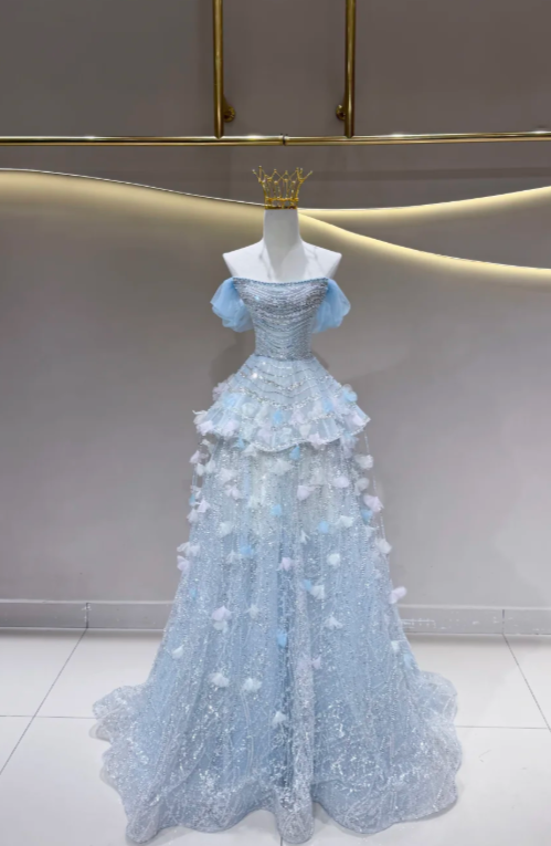 Fairy Blue Prom Dress Off-shoulder A-Line Long Evening Dress Tulle Dre – EvaFashionDress
