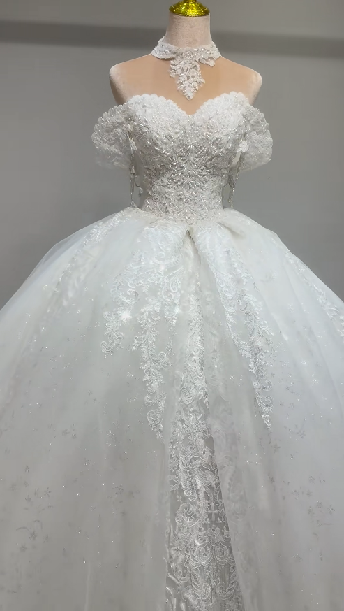 Gorgeous Off-shoulder A-line Wedding Dress Tulle Beaded Appliques Bridal Gown White Bridal Dress ED09231