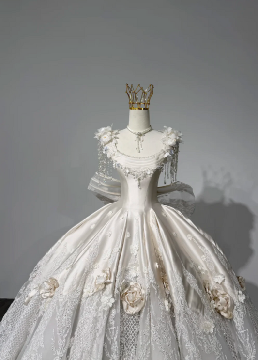 Modest Square Neck A-Line Wedding Dress Applique Satin Bridal Gown White Bridal Dress ED09235
