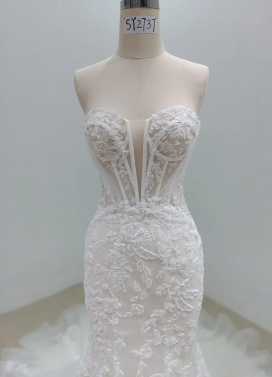 Modest Sweetheart Mermaid Wedding Dress Applique Tulle Bridal Gown White Bridal Dress ED09237