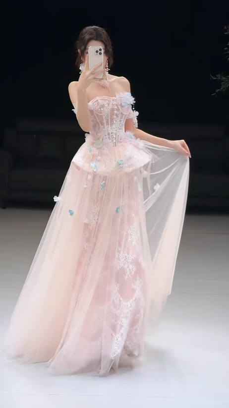 Chic Pink Prom Dress A-Line Tulle Dress for Party Off-shoulder Evening Dress ED09248
