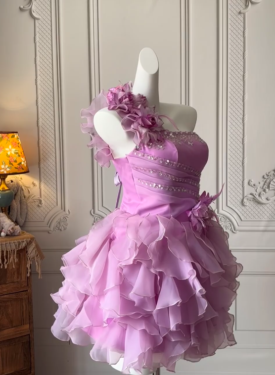 Gorgeous Light Purple Hoco Dress One-shoulder A-Line Short Prom Dress Sleeveless Tulle Birthday Dress ED09255