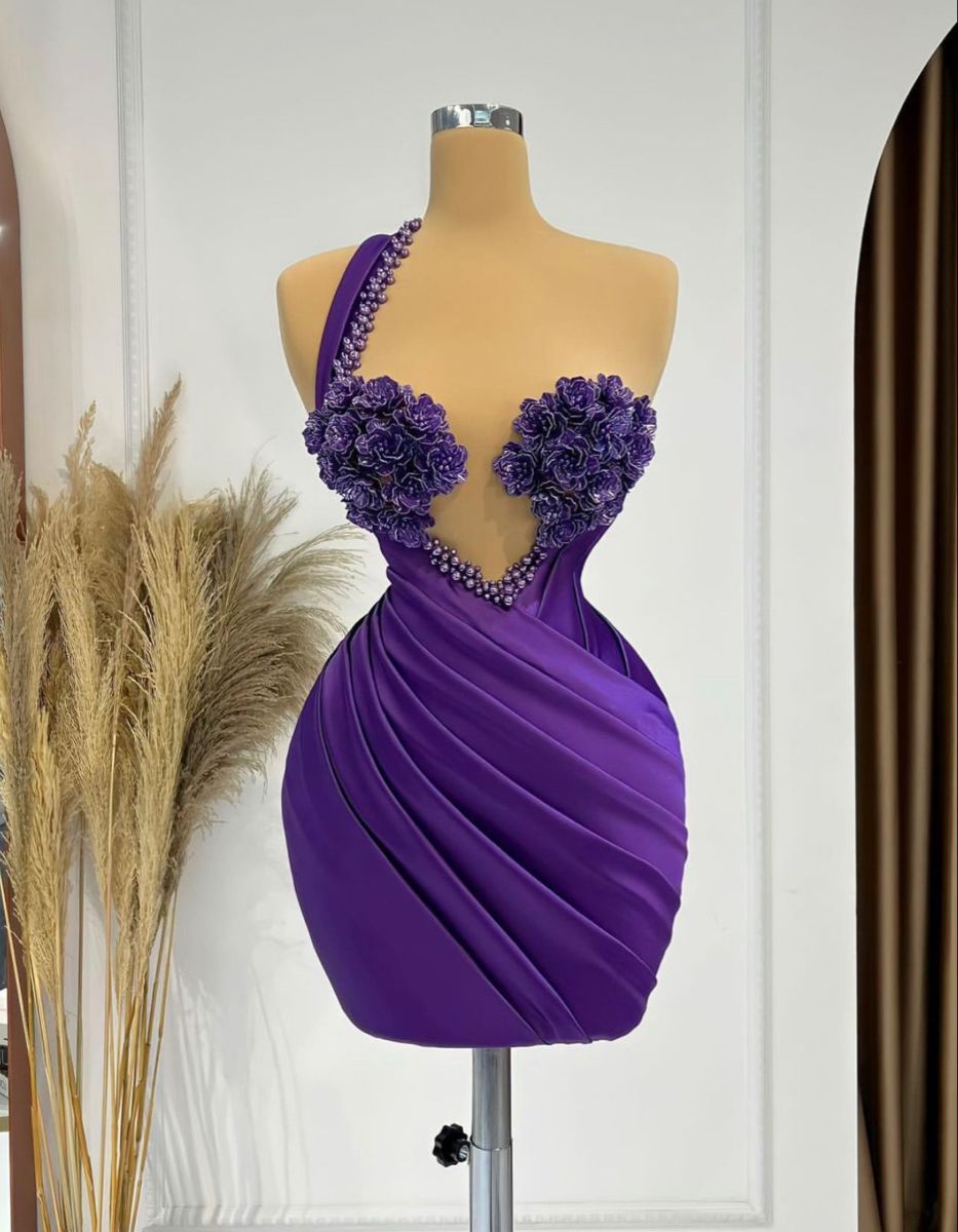Gorgeous Purple Hoco Dress One-shoulder Bodycon Short Prom Dress Sleeveless Satin Birthday Dress ED09258