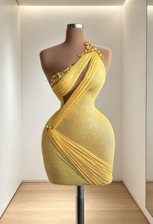 Robe Hoco Jaune Sexy Robe Courte de Bal Fourreau Asymétrique Sans Manches en Mousseline de Soie Perles Robe d'Anniversaire ED09264