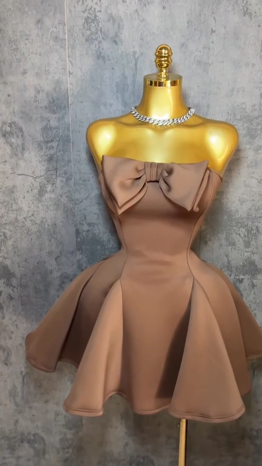 Fashion Brown Birthday Dress Strapless A-Line Dress for Party Satin Hoco Dress ED09290