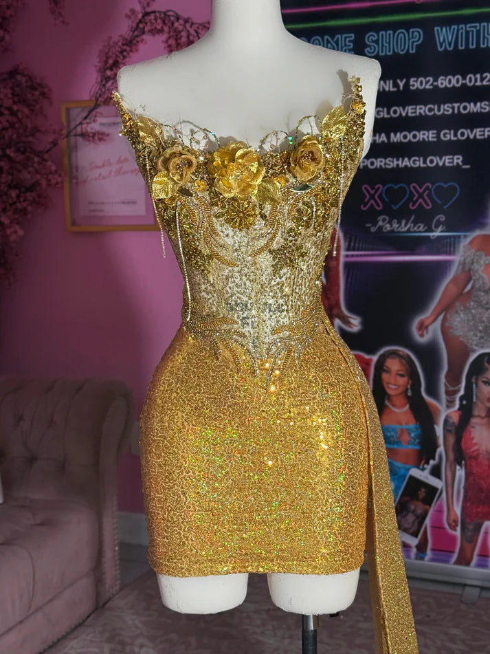 Sexy Yellow Hoco Dress Strapless Sheath Dress for Party Chiffon Beaded Birthday Dress ED09294