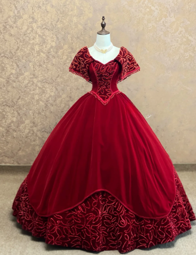 Gorgeous Burgundy Sweet 16 Dress V-neck A-Line Quinceanera Dress Velvet Prom Dress ED09315