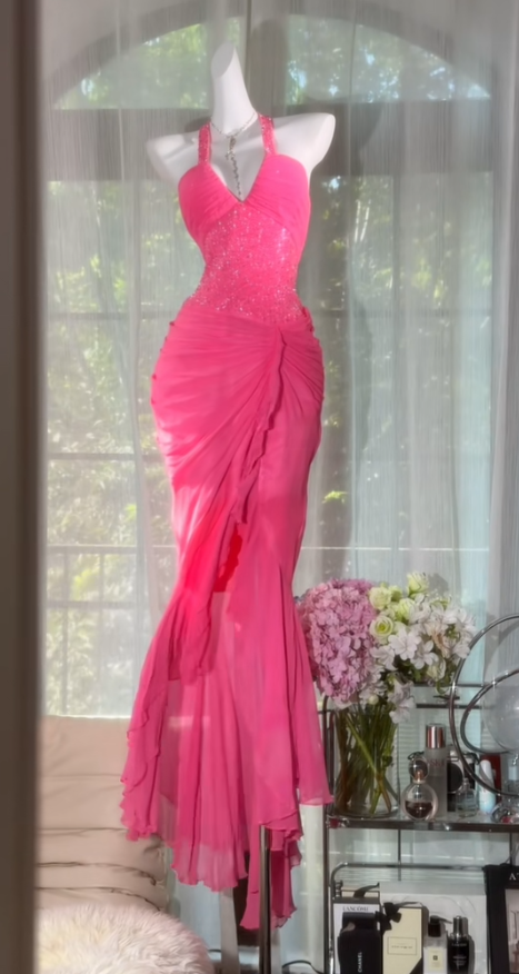 Beautiful Pink Halter Sheath Chiffon Long Prom Dress ED09321