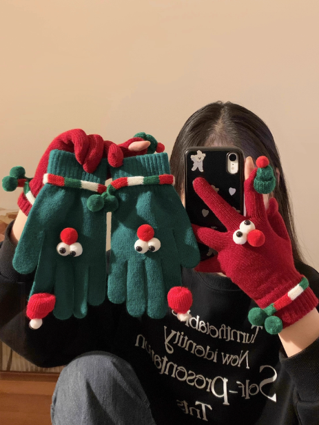 Süße weihnachtliche rote Touchscreen-Wollstrickhandschuhe ED0932