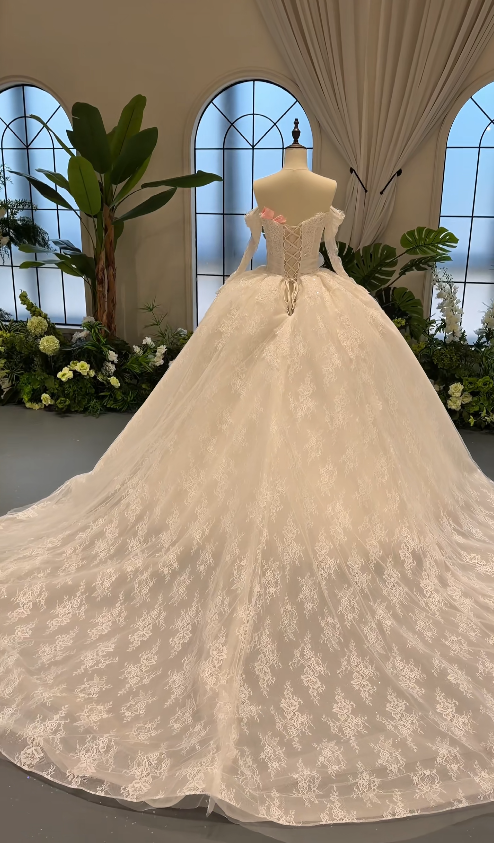 Gorgeous White Wedding Dress Off-shoulder Lace Birdal Dress A-Line Bridal Gown ED09333