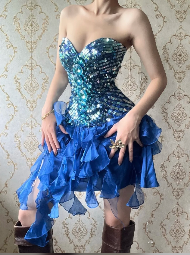 Gorgeous Blue Hoco Dress Sheath Birthday Dress Strapless Chiffon Sequi – EvaFashionDress
