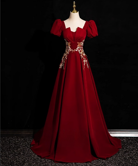 A-Line Short Sleeve Velvet Applique Burgundy Long Prom Dress ED0934