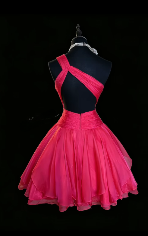 Fashion Hot Pink Hoco Dress A-Line Birthday Dress One-shoulder Chiffon Dress for Party ED09346