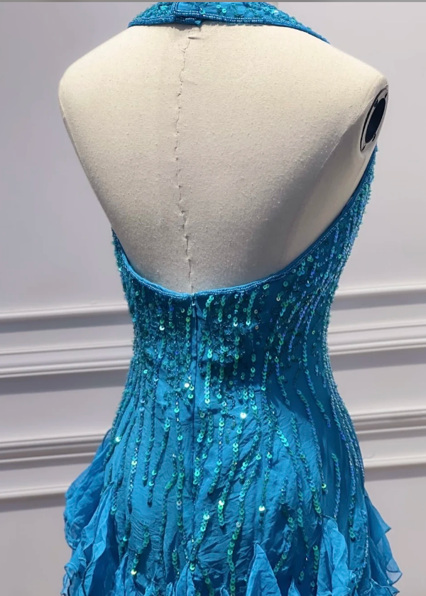 Fashion Blue Hoco Dress Sheath Birthday Dress Straps Chiffon Sequins Dress for Party ED09349