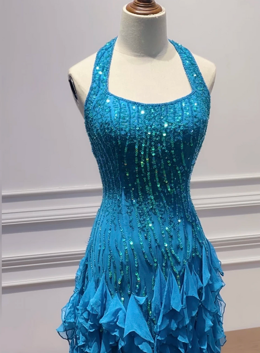 Fashion Blue Hoco Dress Sheath Birthday Dress Straps Chiffon Sequins Dress for Party ED09349