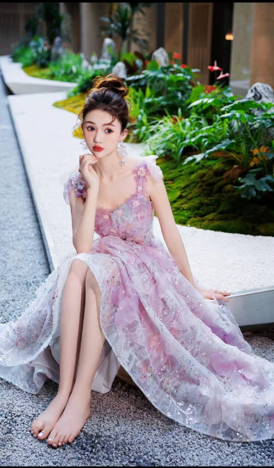 Robe de bal longue violette en tulle à paillettes, coupe trapèze, robe de soirée violette ED0935