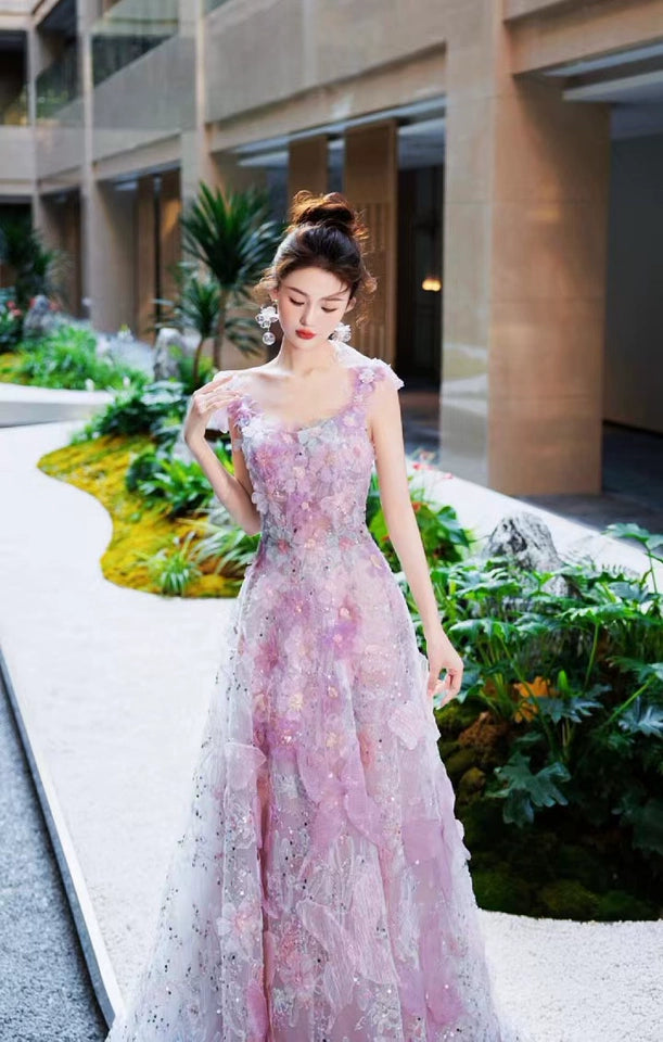 Robe de bal longue violette en tulle à paillettes, coupe trapèze, robe de soirée violette ED0935