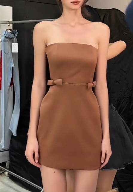Fashion Brown Hoco Dress Sheath Birthday Dress Strapless Satin Dress for Party ED09352