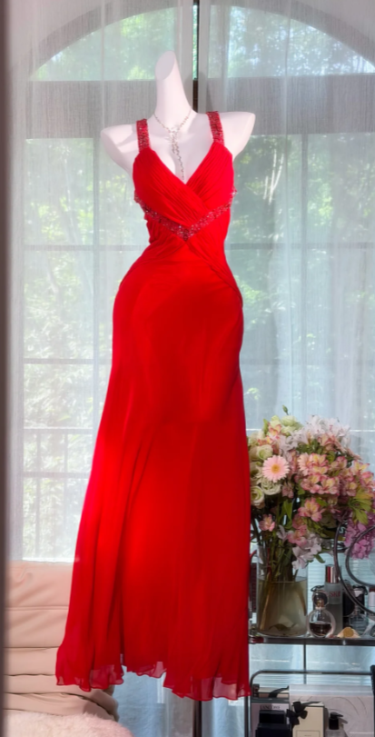 Fashion Red Prom Dress Sheath Straps Chiffon Long Evening Dress ED09359