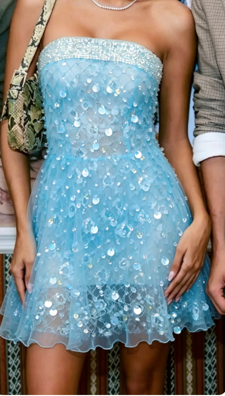 Chic Blue Hoco Dress Sheath Birthday Dress Strapless Sequins Party Dress ED09369