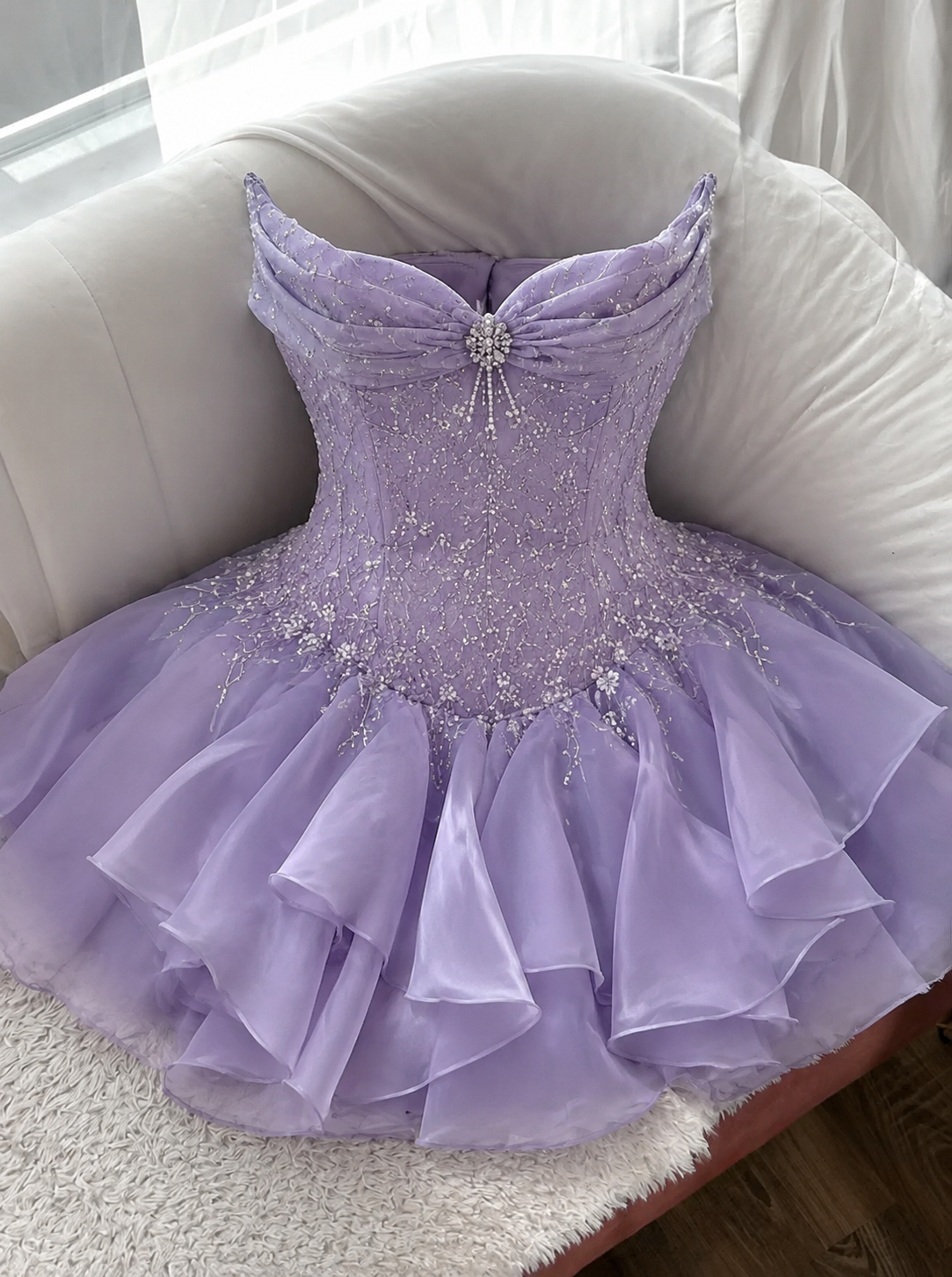 Sexy Lilac Hoco Dress Sweetheart A-Line Birthday Dress Satin Beaded Dress for Party ED09372