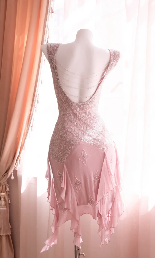 Sexy Pink Hoco Dress V-neck Sheath Birthday Dress Beaded Chiffon Dress for Party ED09376