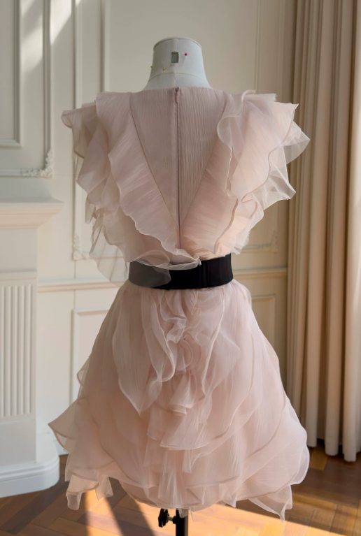 Sexy Pink Hoco Dress V-neck A-Line Birthday Dress ChiffonDress for Party ED09378
