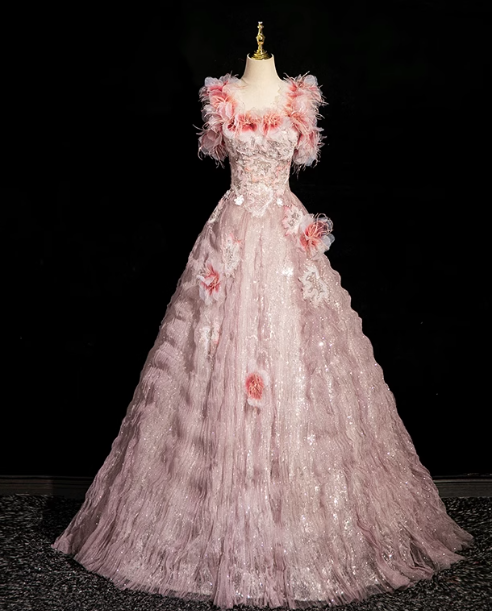 Pink A-line square neck tulle beaded formal long dress, pink birthday dress ED0937