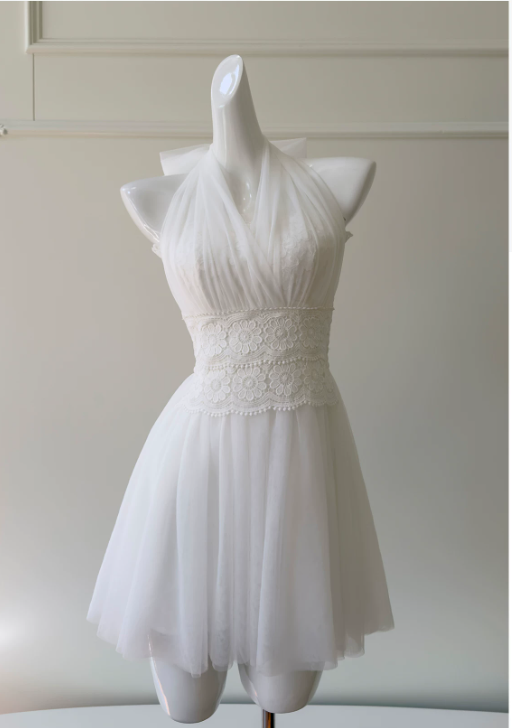 Sexy White Hoco Dress Halter A-Line Birthday Dress Chiffon Dress for Party ED09380