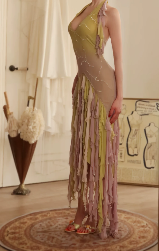 Vintage Pink Prom Dress V-neck Sheath Chiffon Long Evening Dress ED09383