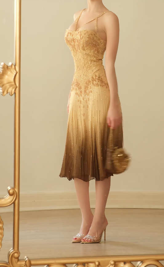 Chic Yellow Prom Dress Straps Sheath Chiffon Beaded Evening Dress ED09393