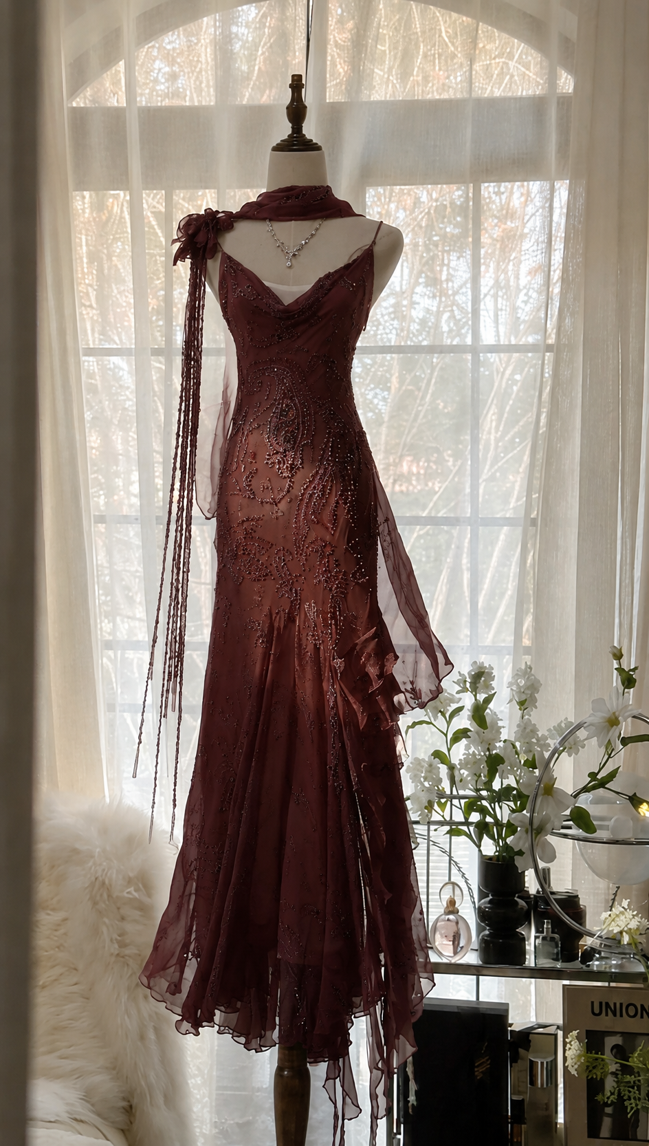 Chic Dark Red Prom Dress Straps Sheath Chiffon Beaded Evening Dress ED – EvaFashionDress