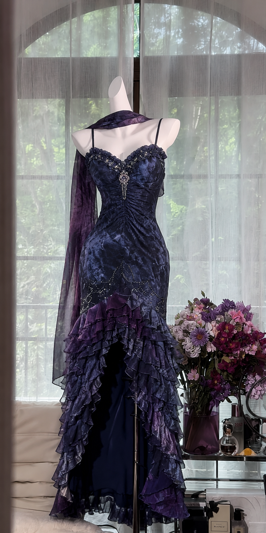 Chic Purple Prom Dress Straps Sheath Chiffon Beaded Evening Dress ED09 – EvaFashionDress