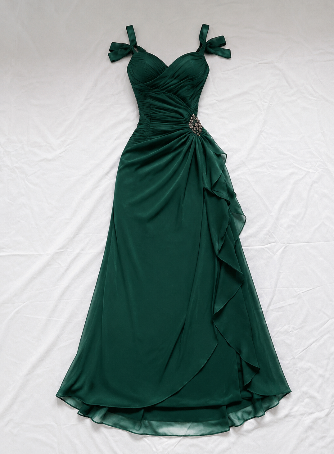 Robe de bal chic vert foncé à bretelles, en mousseline de soie, coupe trapèze, ED09399