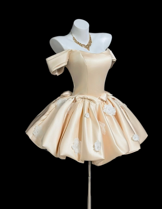 Cute Champagne Hoco Dress Off-shoulder A-Line Birthday Dress Satin Dress for Party ED09419