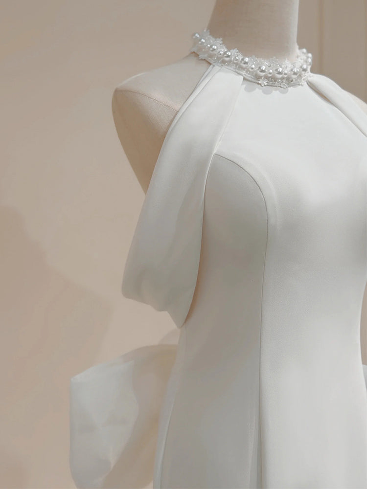 Weißes Neckholder-Satin-Meerjungfrauen-Formal-Langes-Kleid, weißes Abendkleid ED0941
