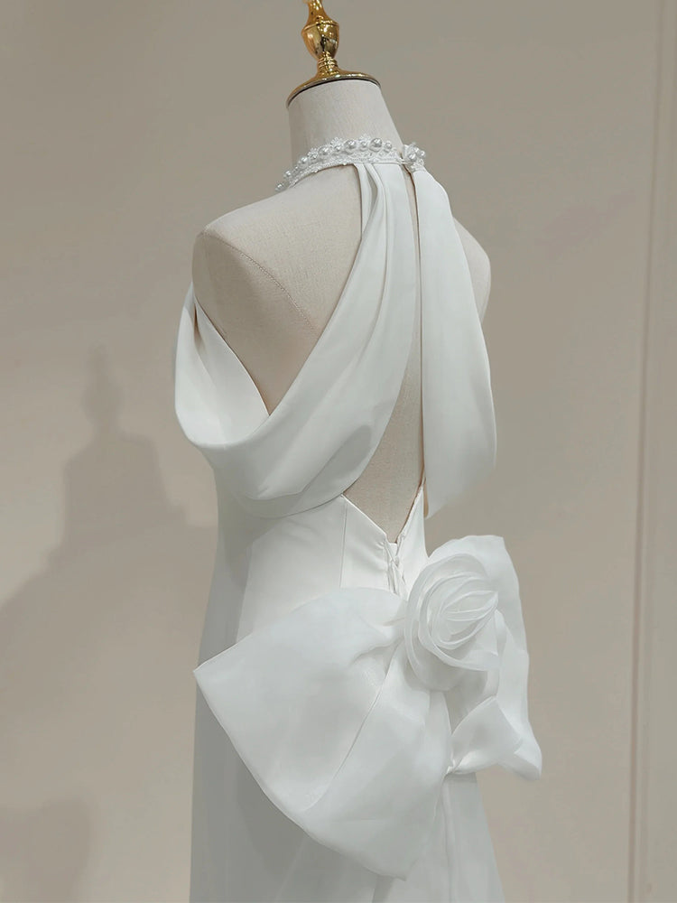 Weißes Neckholder-Satin-Meerjungfrauen-Formal-Langes-Kleid, weißes Abendkleid ED0941