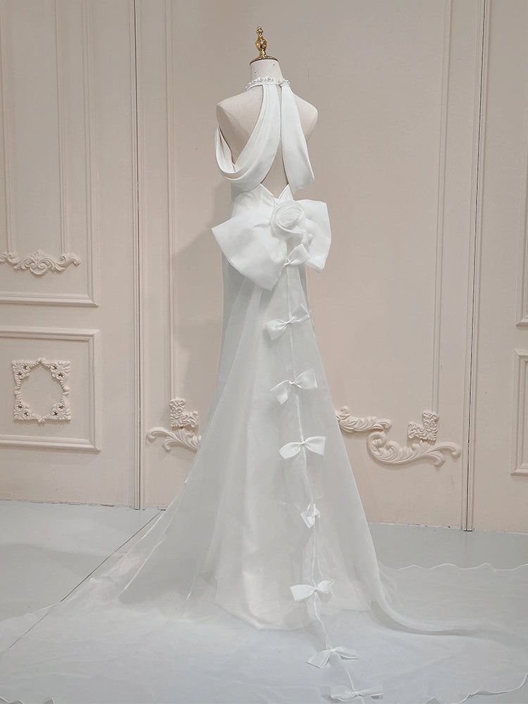 Weißes Neckholder-Satin-Meerjungfrauen-Formal-Langes-Kleid, weißes Abendkleid ED0941
