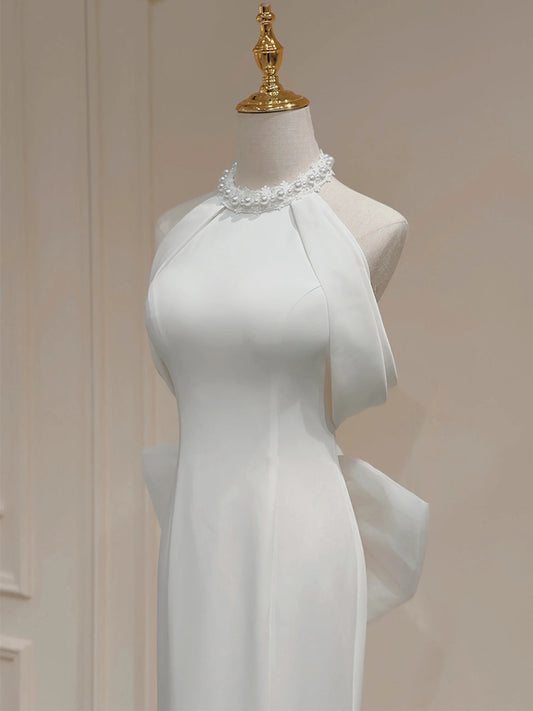 White halter neck satin mermaid formal long dress, white evening dress ED0941