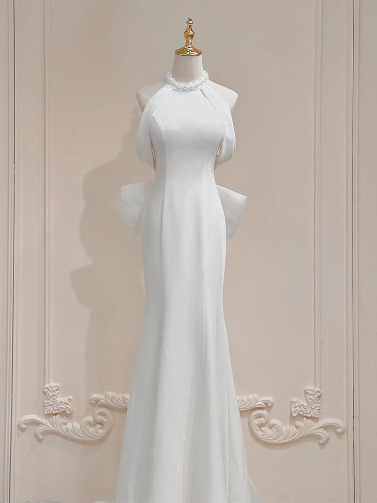 Weißes Neckholder-Satin-Meerjungfrauen-Formal-Langes-Kleid, weißes Abendkleid ED0941