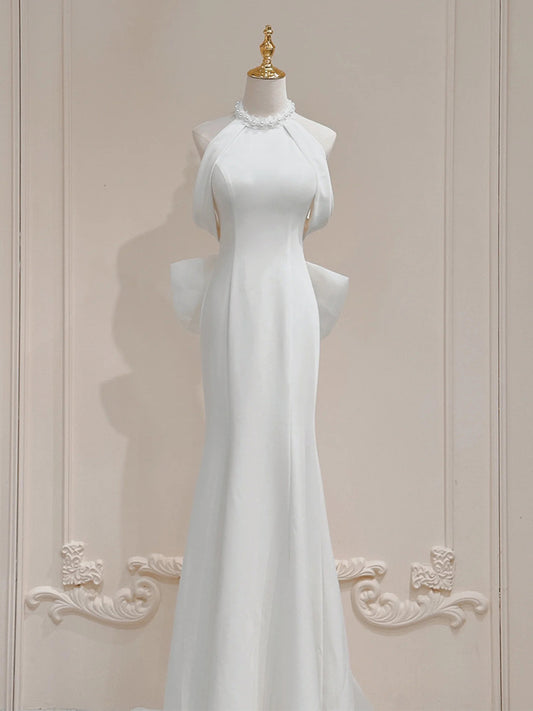 White halter neck satin mermaid formal long dress, white evening dress ED0941