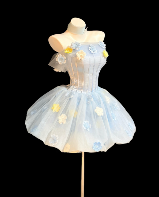 Niedliches hellblaues Hoco-Kleid, schulterfrei, A-Linie, Geburtstagskleid, Applikations-Tüllkleid für Partys ED09422