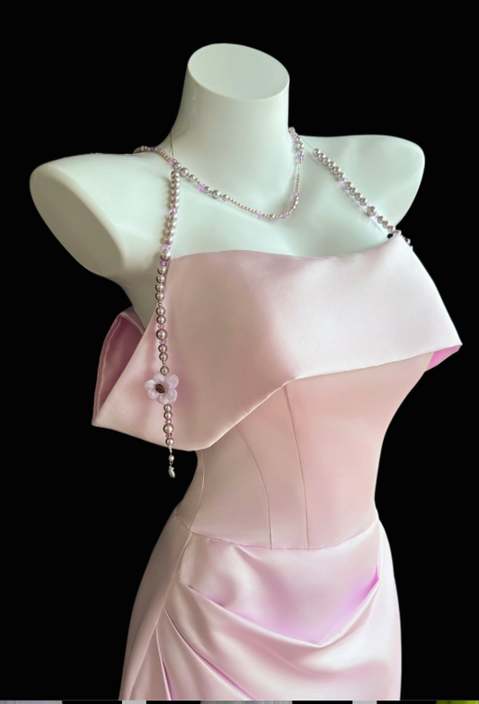 Pretty Light Pink Birthday Dress Off-shoulder Sheath Prom Dress Satin Evening Dress ED09431