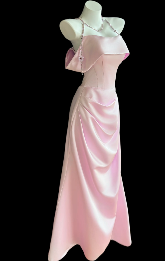 Pretty Light Pink Birthday Dress Off-shoulder Sheath Prom Dress Satin – EvaFashionDress