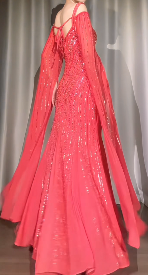 Schicke Träger Meerjungfrau Perlen Chiffon Langes Abendkleid Rotes Ballkleid ED09437